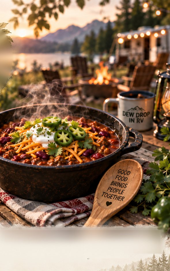 A steaming cast-iron pot of chili on a picnic table at Dew Drop In RV, with camp chairs, a campfire and the lake at sunset behind it